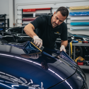 A close-up of a car's hood with crystal clear TPU Paint Protection Film applied