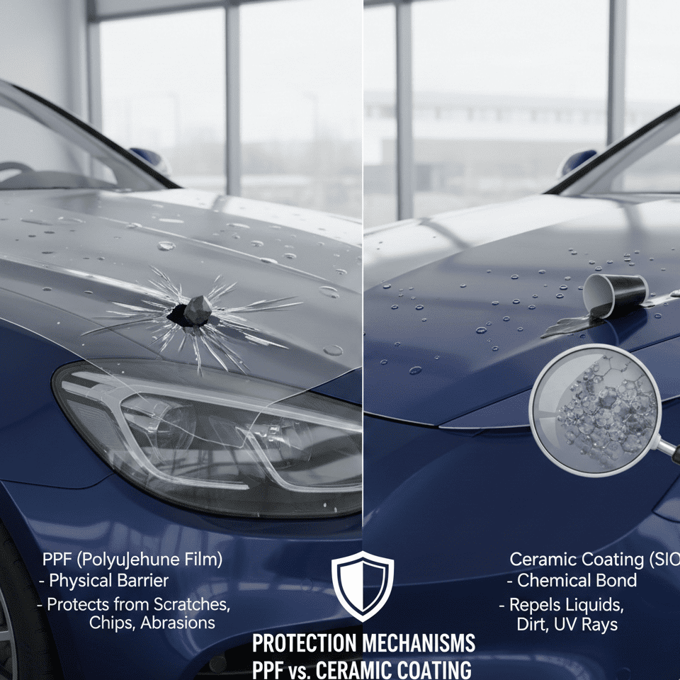 A diagram showing a thick PPF layer absorbing an impact on one side, and a super thin ceramic layer repelling water droplets on the other