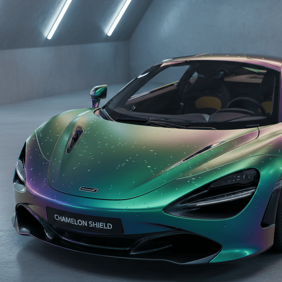 A close-up shot on the curve of a car fender wrapped in a liquid silver PPF, showing the smooth, non-flaky metallic effect