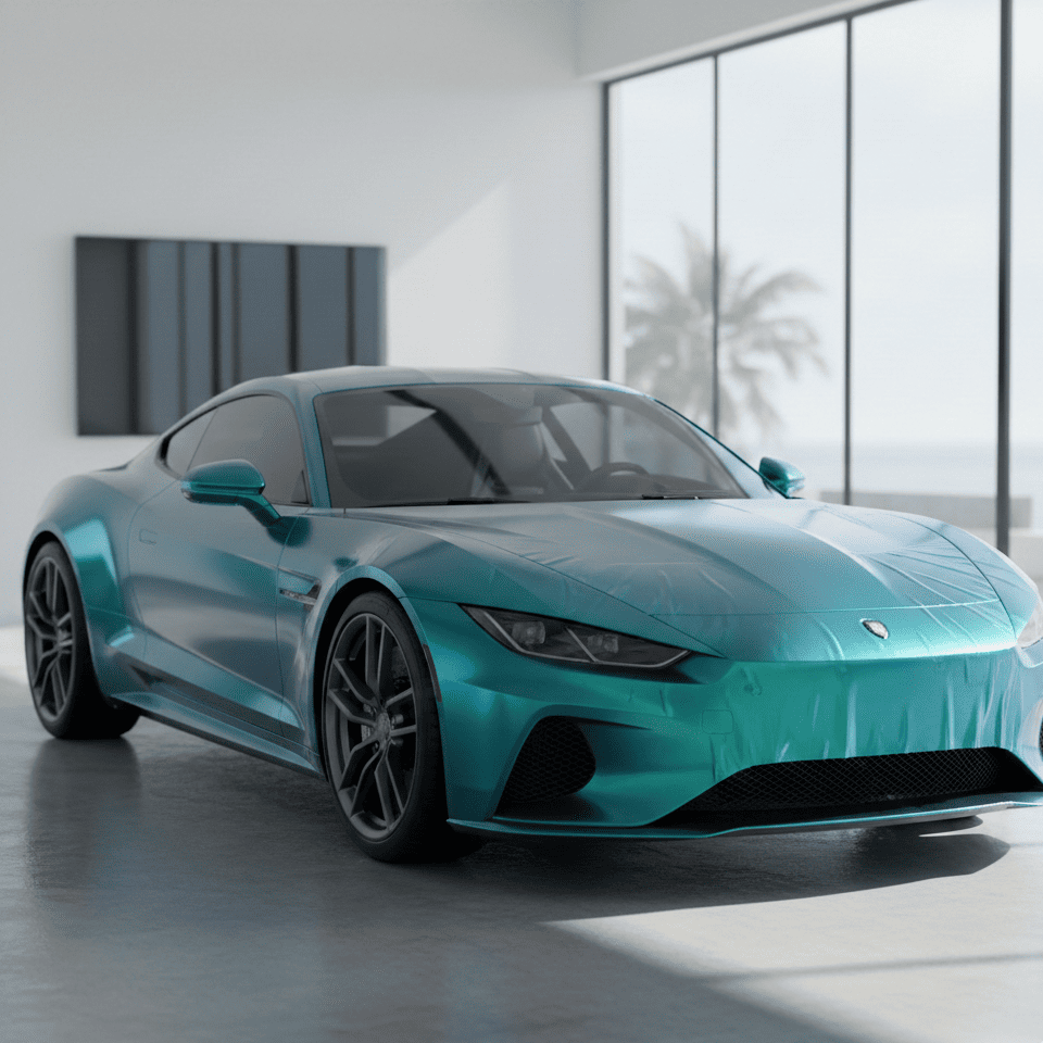 A modern electric sports car wrapped in a striking [high-gloss vibrant turquoise](https://carlikewrap.com/products/crystal-turquoise?srsltid=AfmBOorvTy8zrJ_kbU5OmbalxKoqtC3zSm3eEHc6gM-1Z6z1io1dyJds)[^11] PPF, creating a strong visual impact