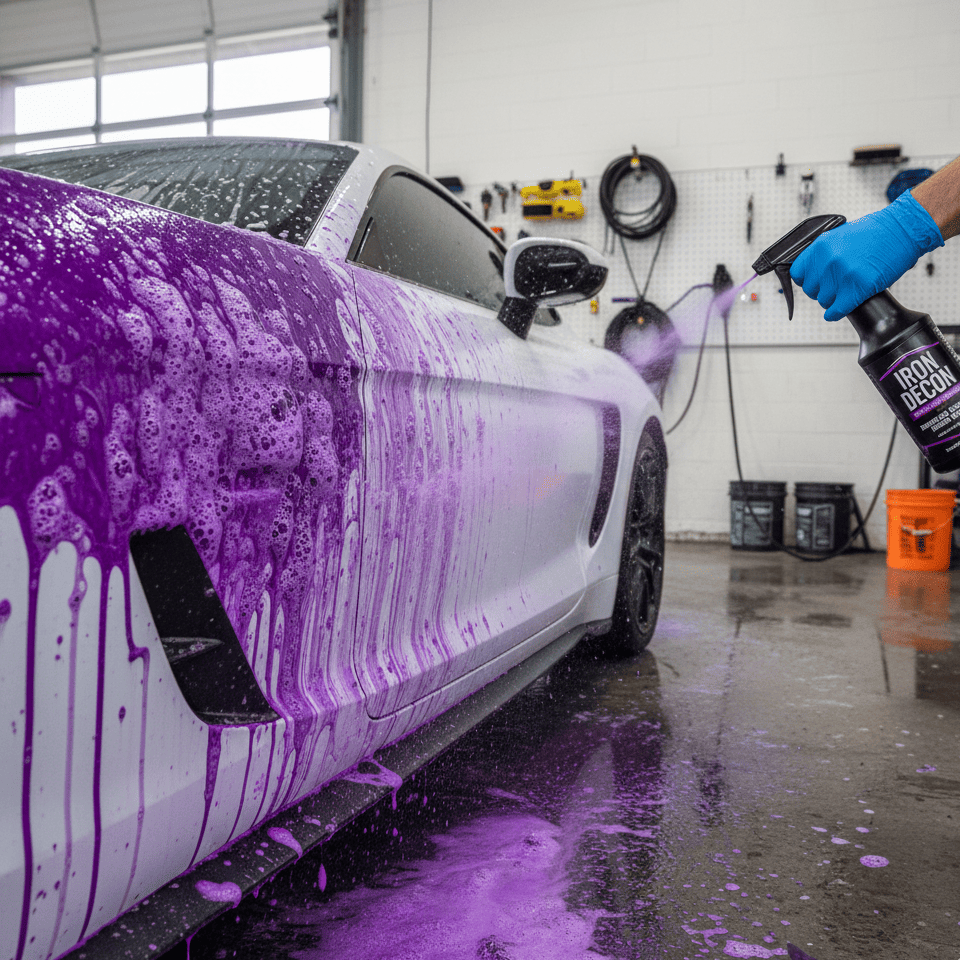 A close-up shot showing an [iron remover](https://www.youtube.com/watch?v=kcZk1v5BBAQ)[^2] chemical turning purple as it dissolves contaminants on a white car panel