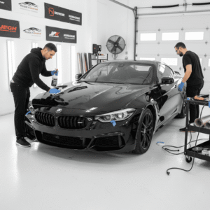 Two people detailing a black BMW car.