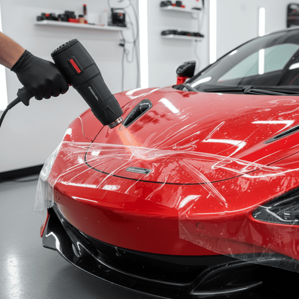 A technician using a heat gun gently on a car door with PPF, showing a scratch disappearing