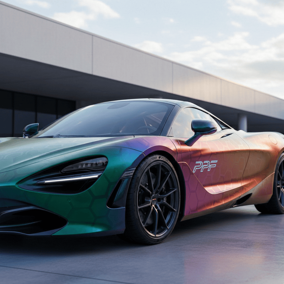 A supercar wrapped in a modern chameleon PPF that subtly shifts from a deep forest green to a warm gold as the viewing angle changes