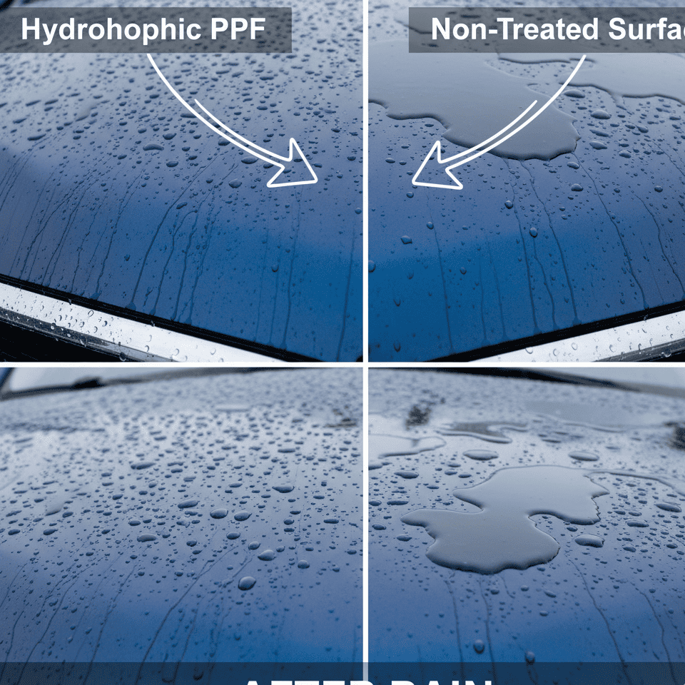 A side-by-side comparison of two black cars after a rainstorm: one with hydrophobic PPF is mostly clean, the other is covered in dirt streaks