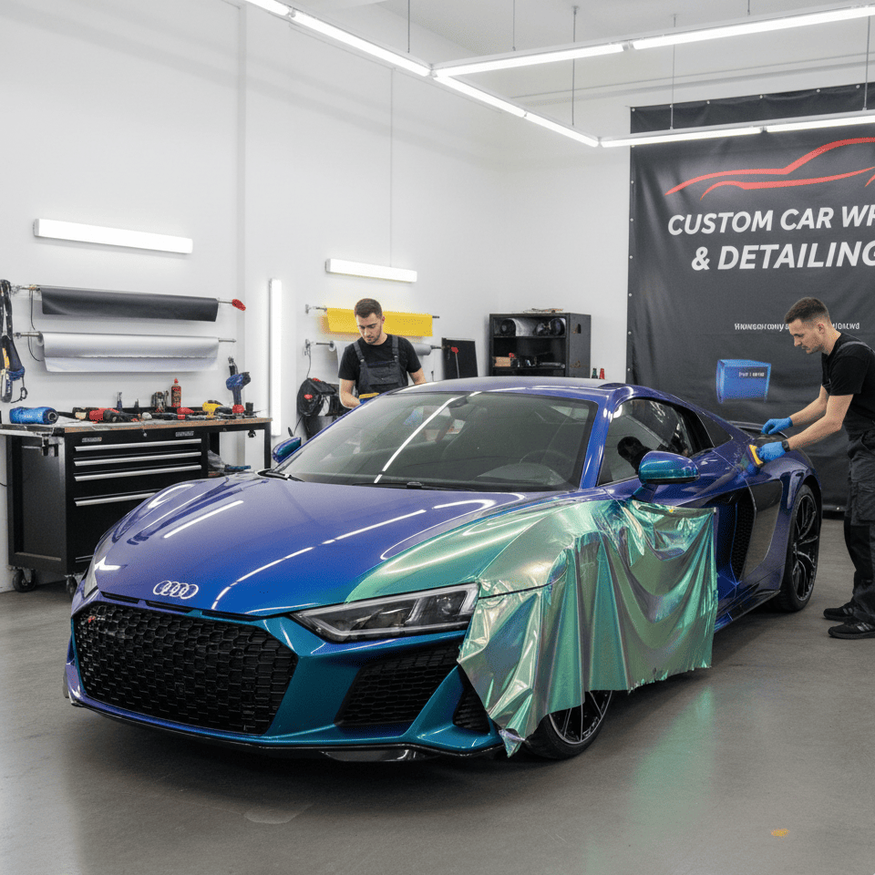 Two technicians applying film on an Audi R8.