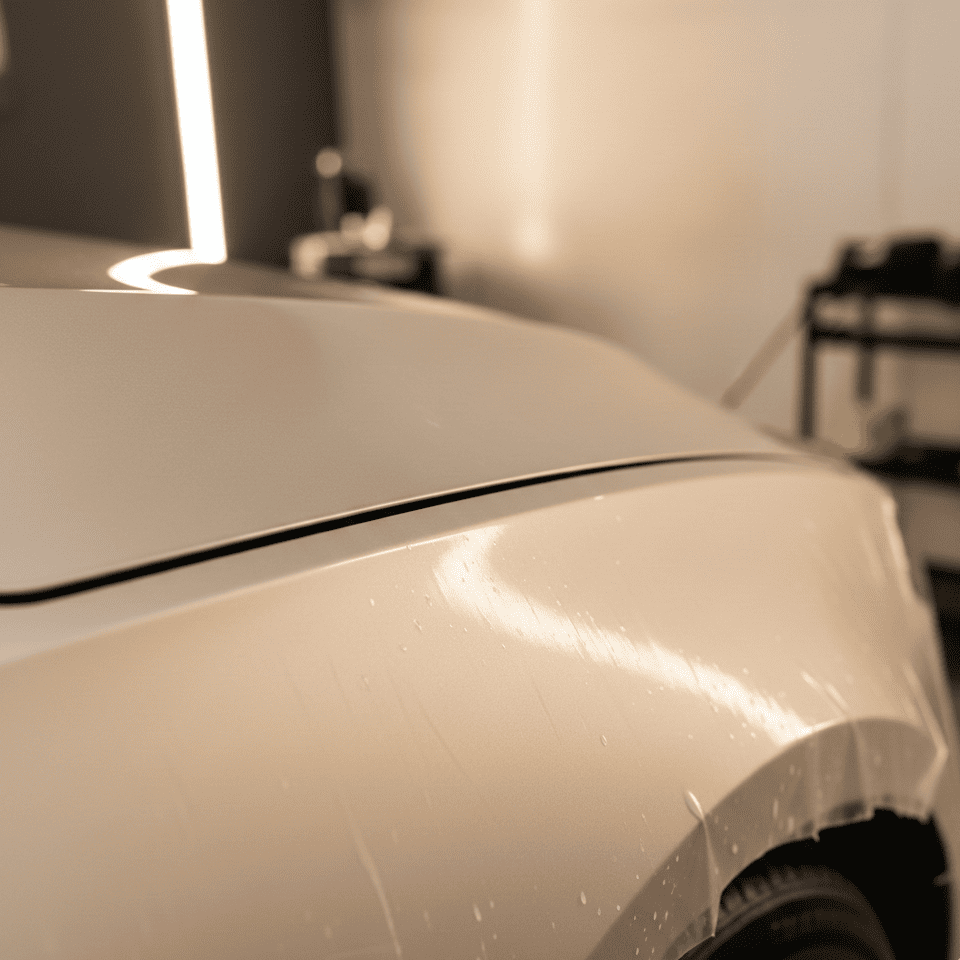 A sleek German sedan wrapped in a beautiful satin champagne PPF, parked in an urban architectural setting