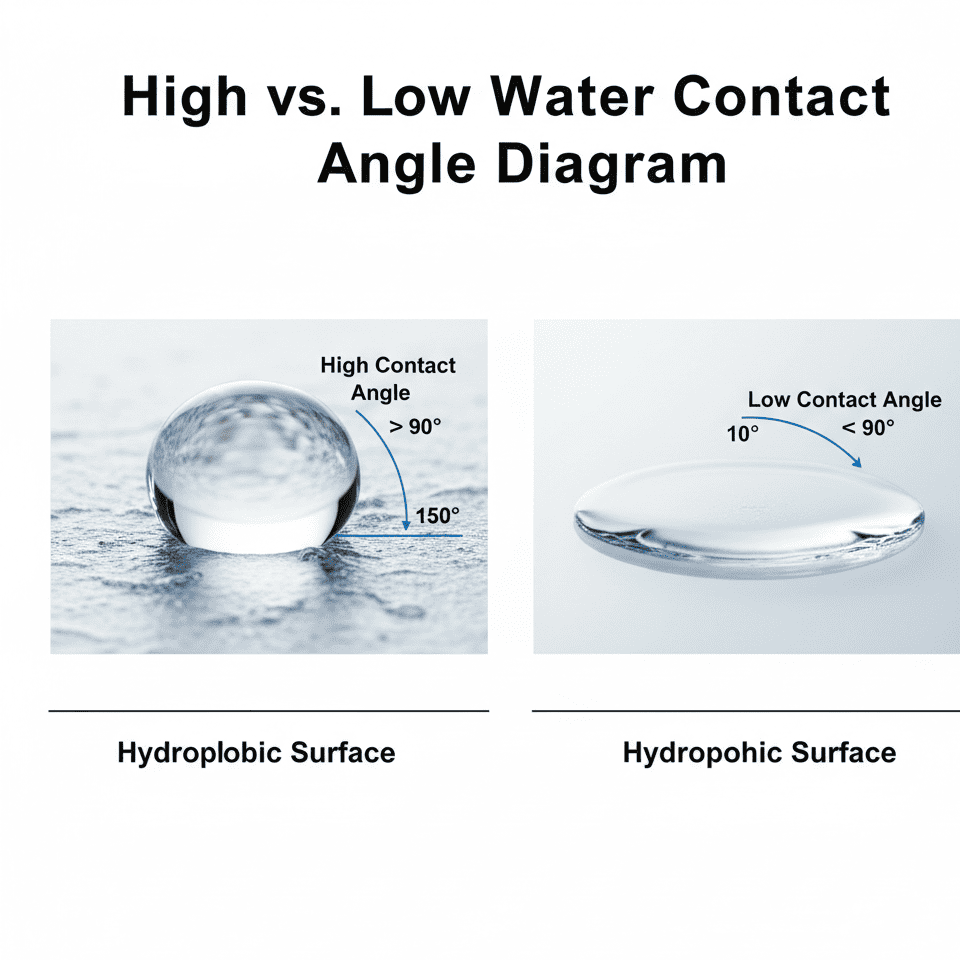 A diagram comparing a [high contact angle](https://en.wikipedia.org/wiki/Contact_angle)[^7] (beading) on a hydrophobic surface vs. a low contact angle (wetting) on a non-hydrophobic surface