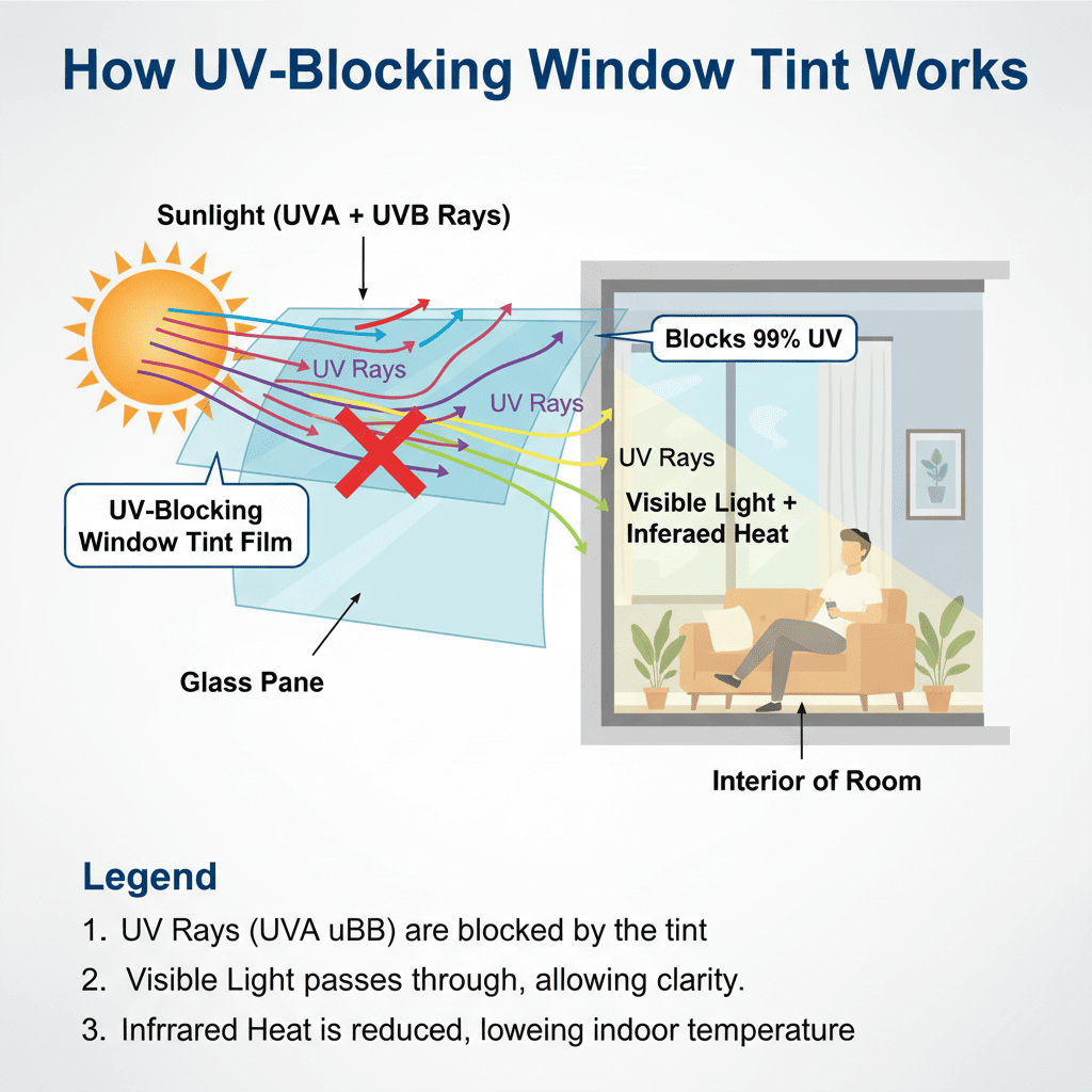 Diagram explaining UV-blocking window tint effectiveness