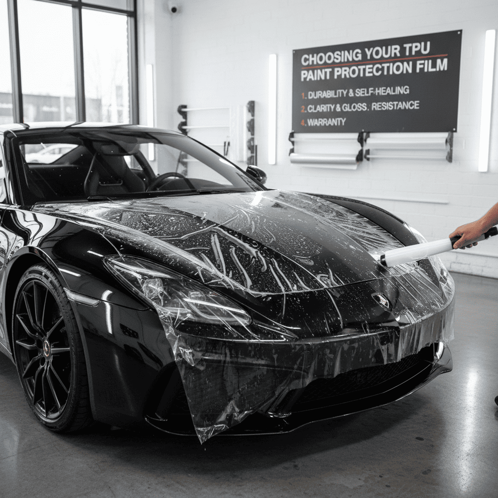 Applying paint protection film on a black car.
