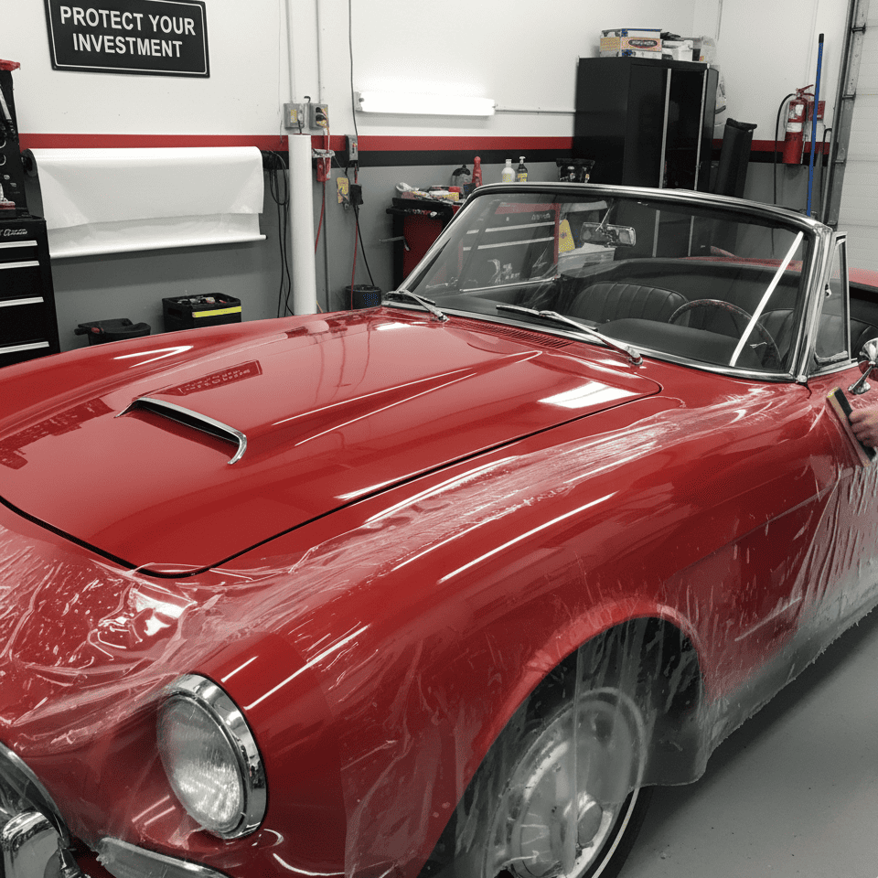 An image showing the edge of a vinyl wrap being peeled back to reveal perfect, untouched factory paint underneath