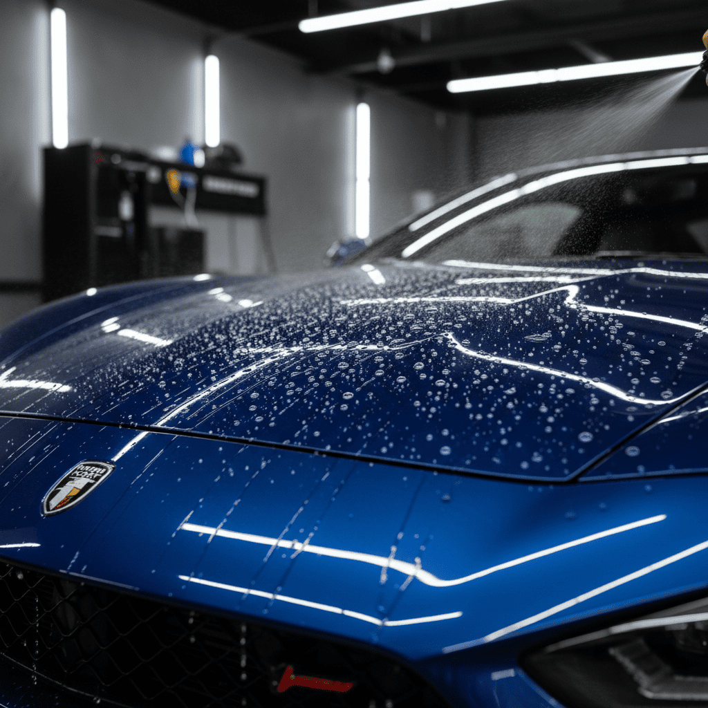 Water beading up and rolling off a car hood with hydrophobic PPF