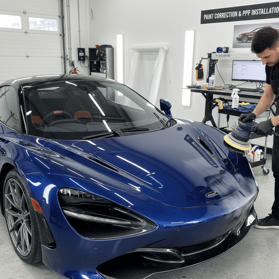 A 50/50 shot of a car hood, half unpolished and swirled, half machine polished to a perfect mirror finish