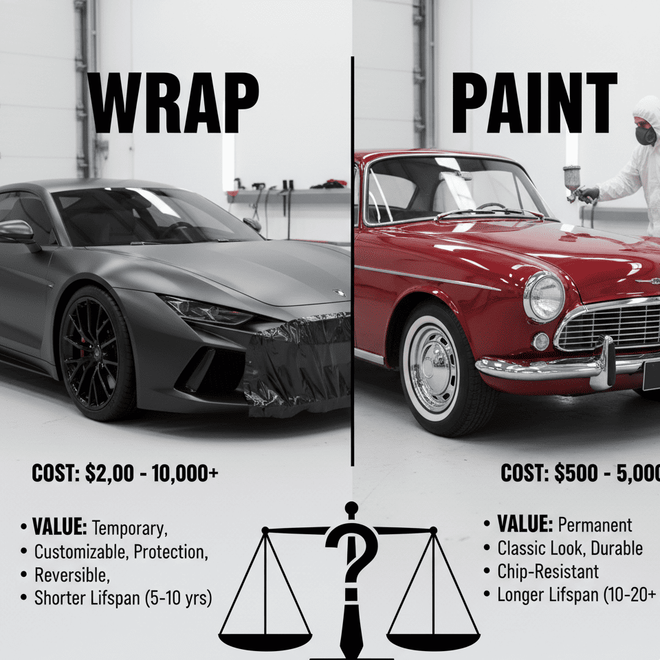A side-by-side comparison chart or graphic showing the cost and resale value impact of painting versus wrapping a car
