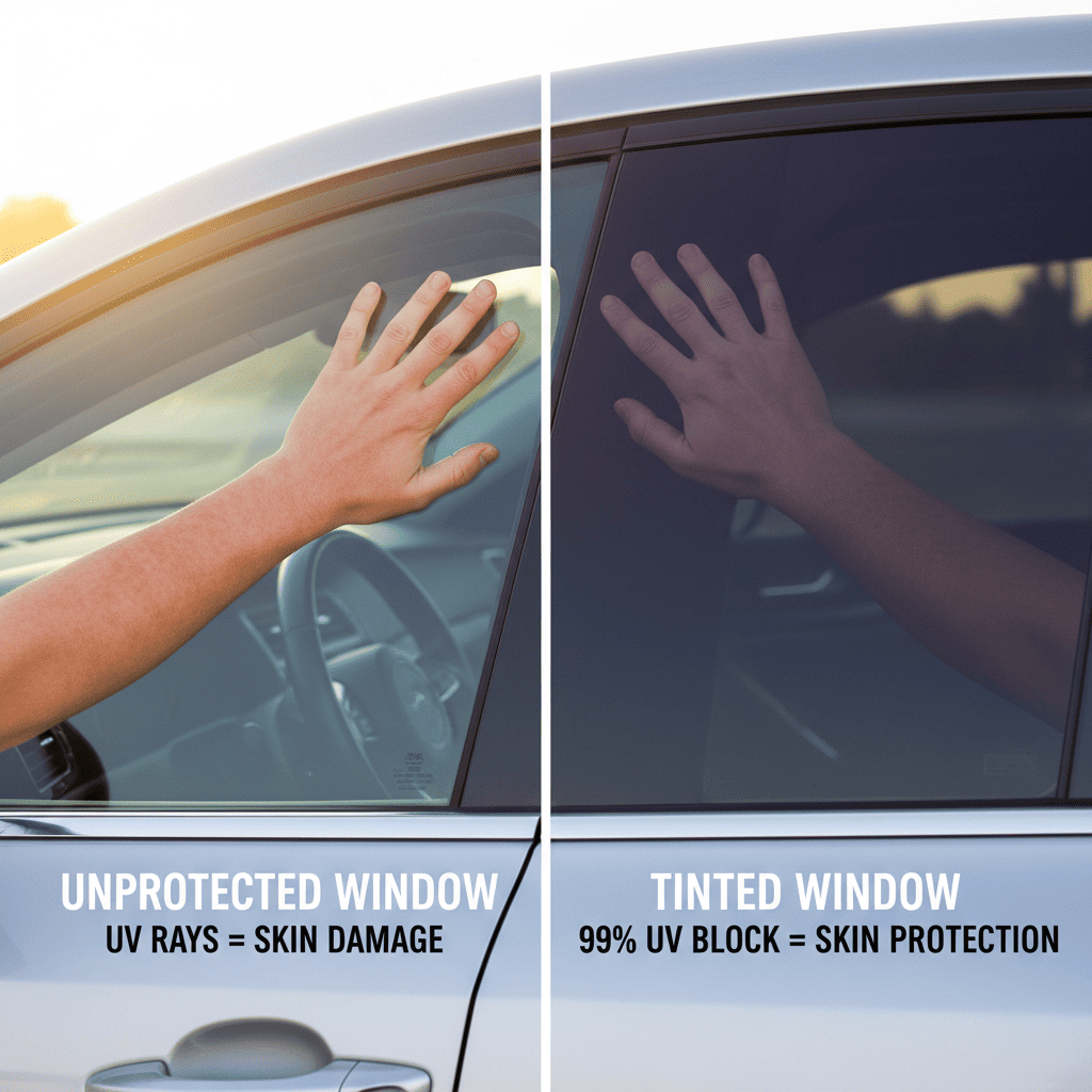 A close-up of a person's arm, half covered by shade from a tinted window, showing clear protection from the sun