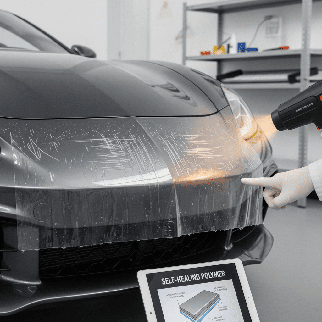 A close-up of a scratch on a black TPU film vanishing as a heat gun is applied