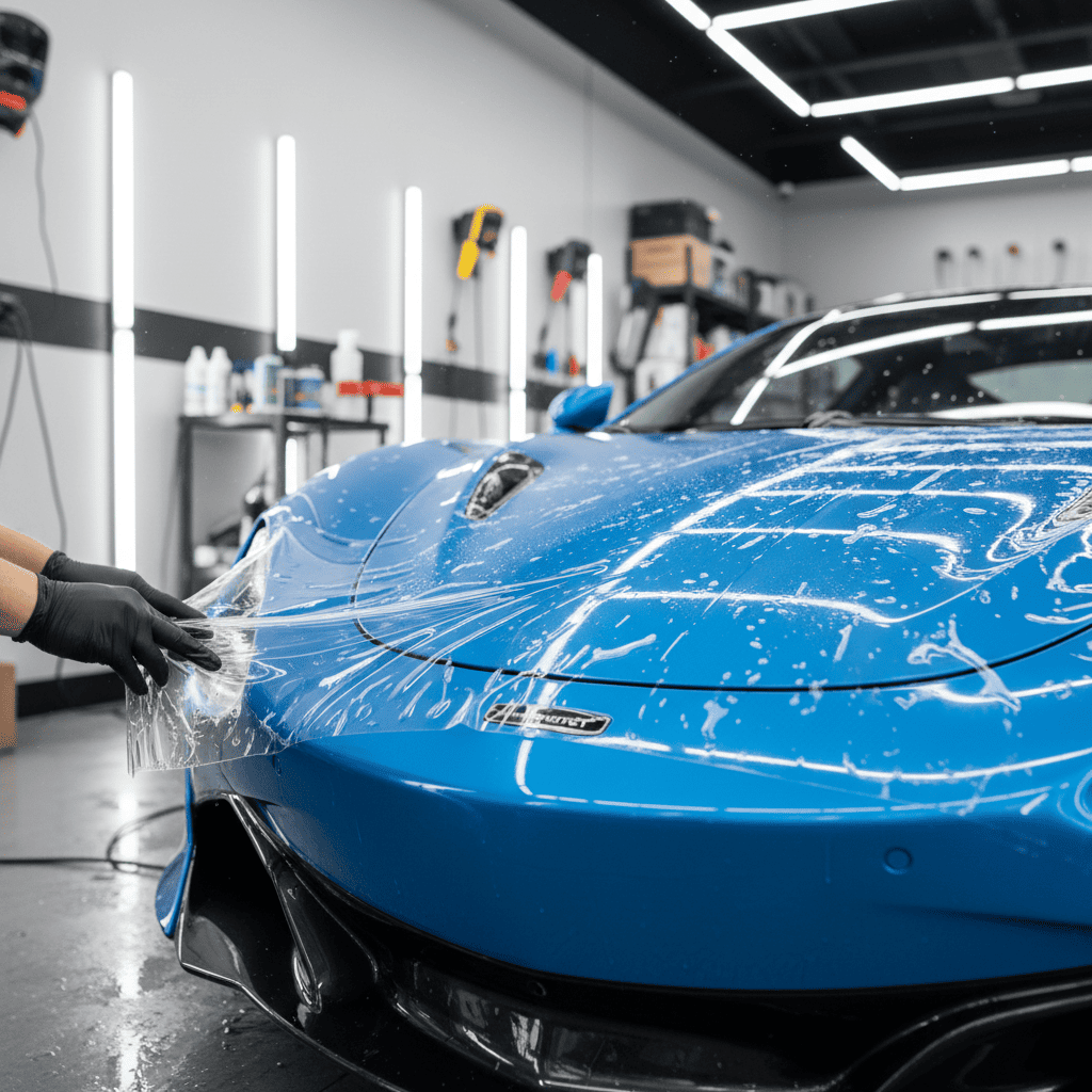 A close-up view showing the thickness of a PPF sheet being measured with a caliper