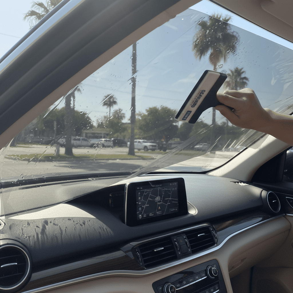 A driver's view through a tinted windshield on a sunny day, showing reduced glare and clear visibility