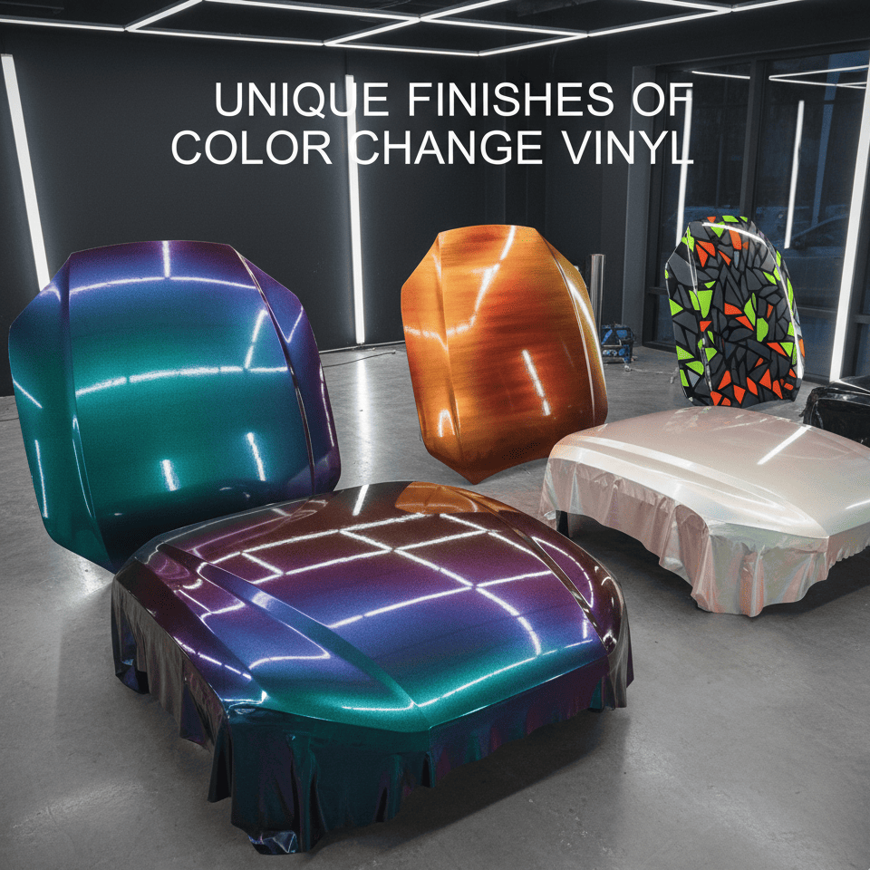 A close-up shot of a car wrapped in an exotic satin chrome finish, shimmering in the light