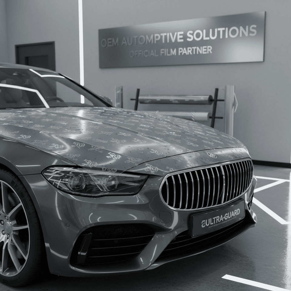 A photo showcasing custom-branded boxes and roll cores for an OEM client's TPU film