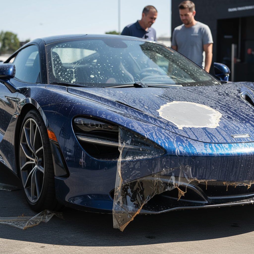 An old, yellowed, and cracked PVC film being painfully removed from a car panel