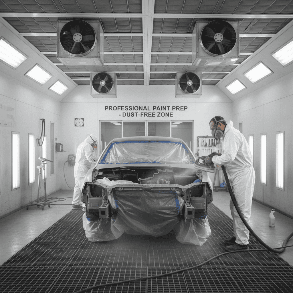 A car being prepped for painting in a professional, clean spray booth