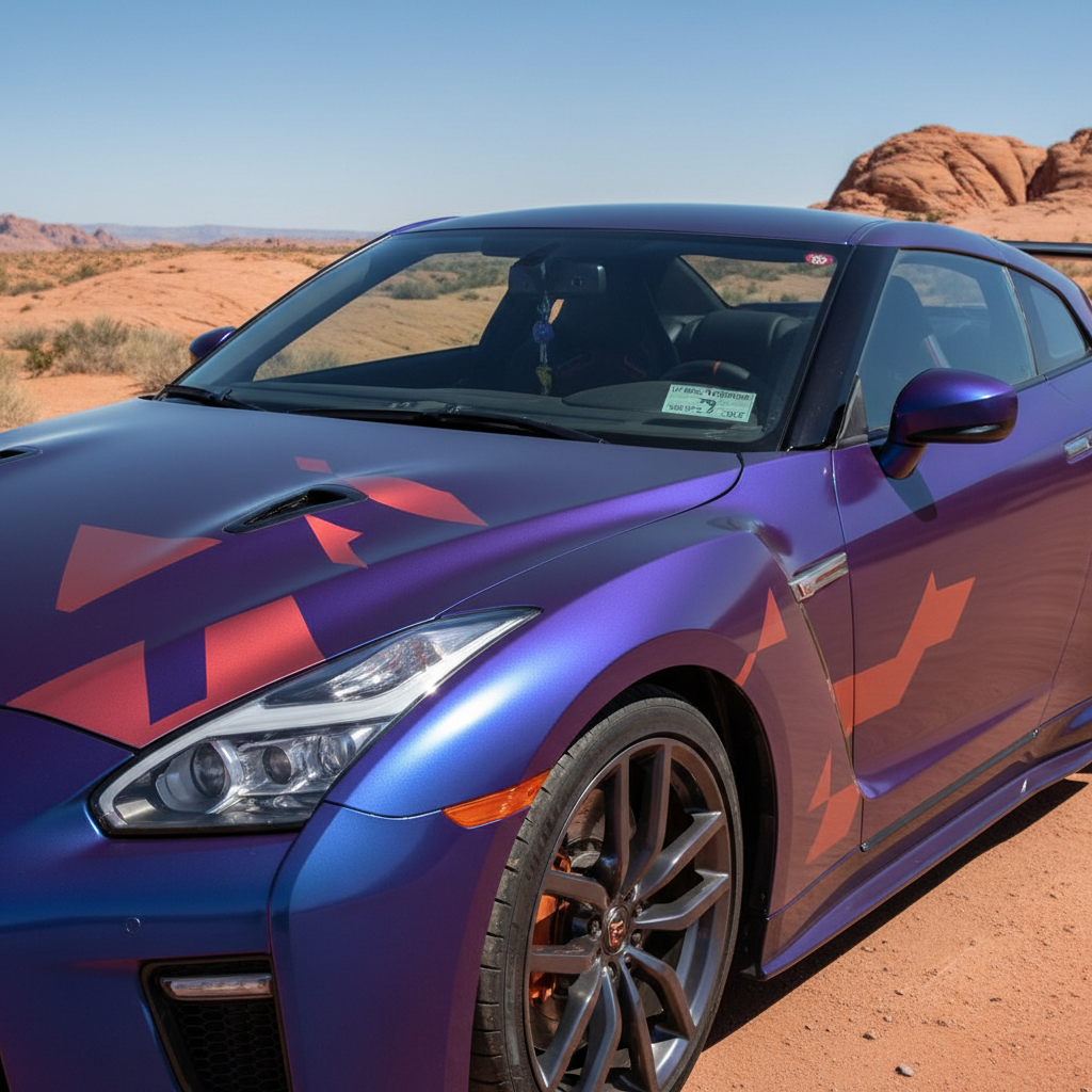 Purple sports car parked in desert landscape.