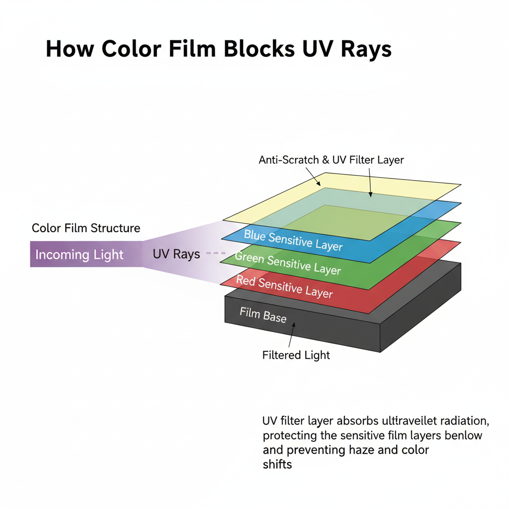 A diagram illustrating UV rays being blocked and absorbed by the different layers of a color change vinyl film