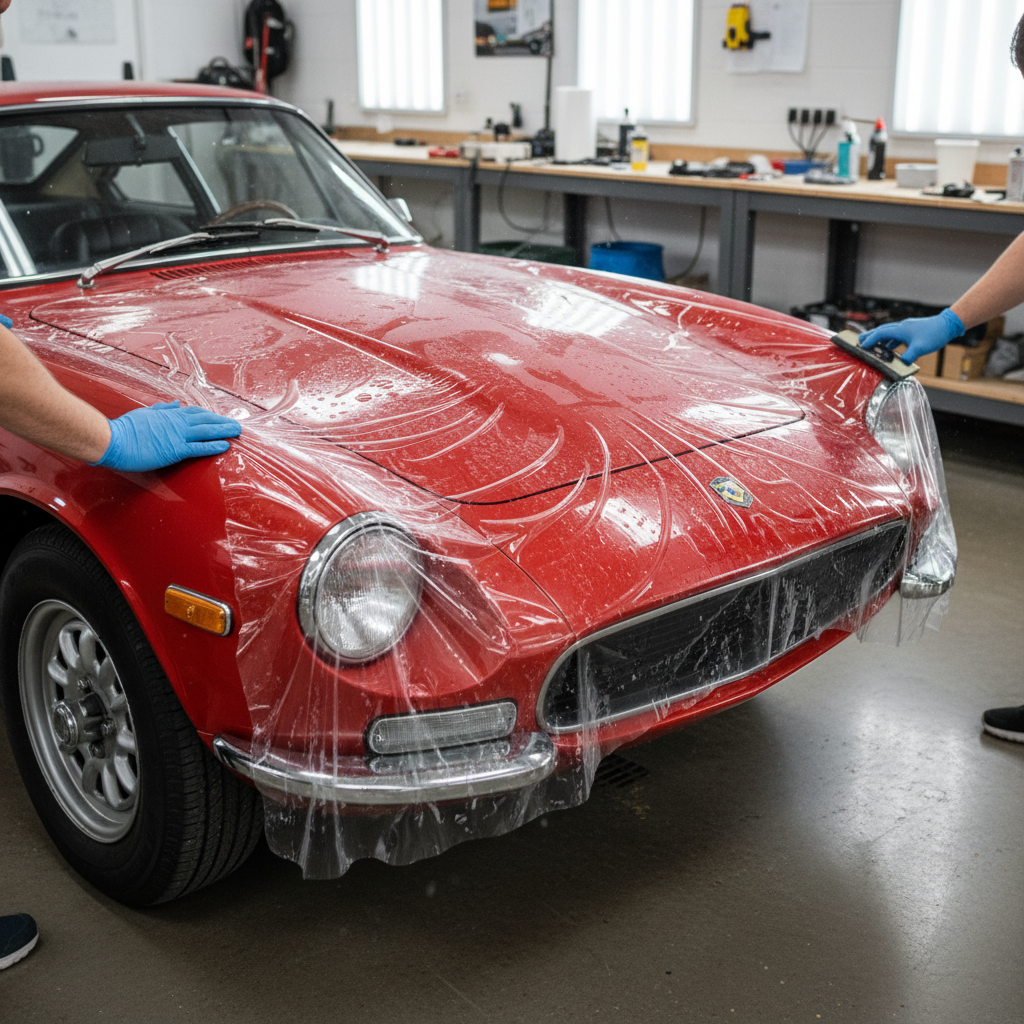 A photo of a car door being unwrapped, showing the factory paint underneath is pristine and vibrant