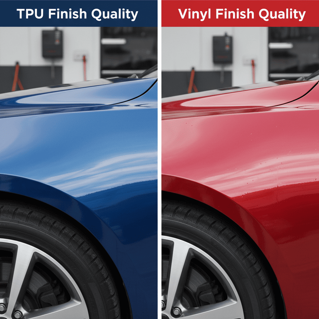 A split image showing the deep, liquid gloss of a TPU wrap versus the slight [orange peel texture](https://www.reddit.com/r/CarWraps/comments/zicbdt/do_you_have_orange_peel_in_your_wrap/) on a [vinyl wrap](https://www.outpacer.ca/2020/06/06/the-pros-cons-of-a-vinyl-wrap/)