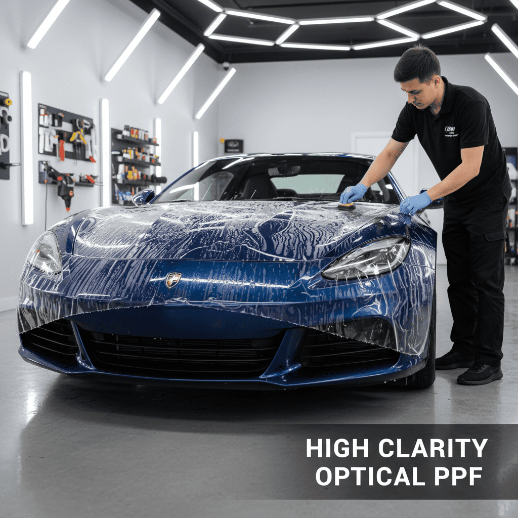 A perfectly clear PPF on a luxury car, so invisible that the film's edge is barely detectable