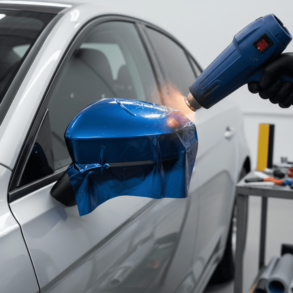 A professional wrapper using a heat gun to gently shrink and smooth vinyl around the deep curve of a car side mirror