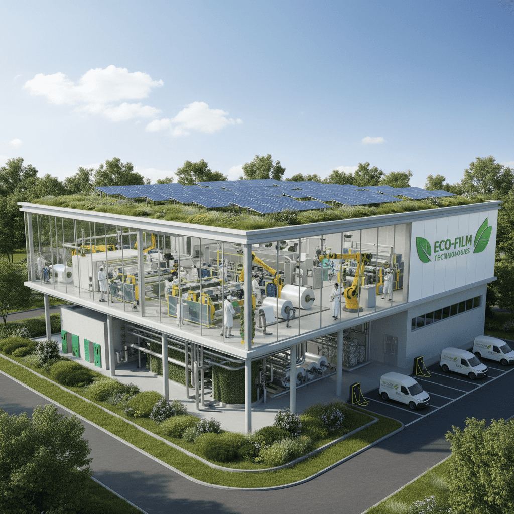 An image of a clean, modern factory with green leaf symbols, representing sustainable manufacturing practices