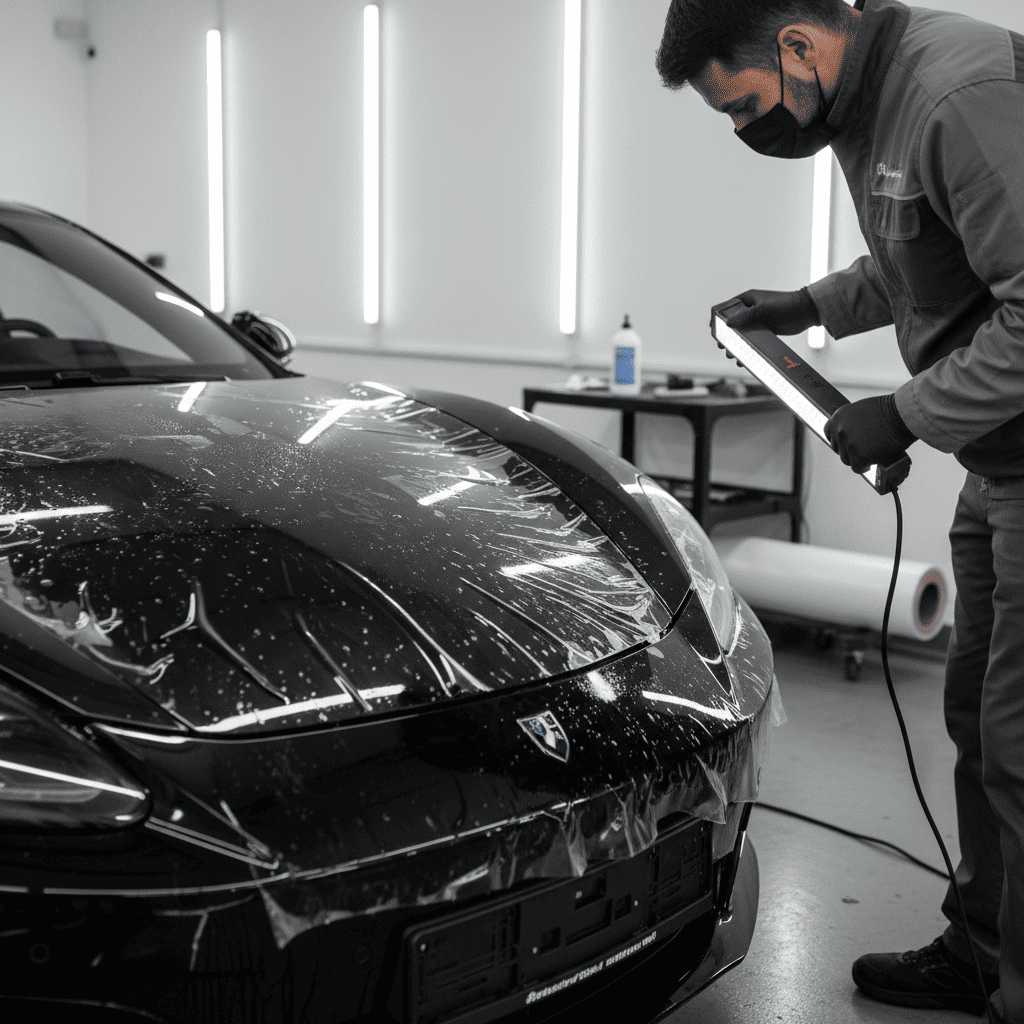 A car owner carefully inspecting the edges and surface of a newly installed PPF in a well-lit garage