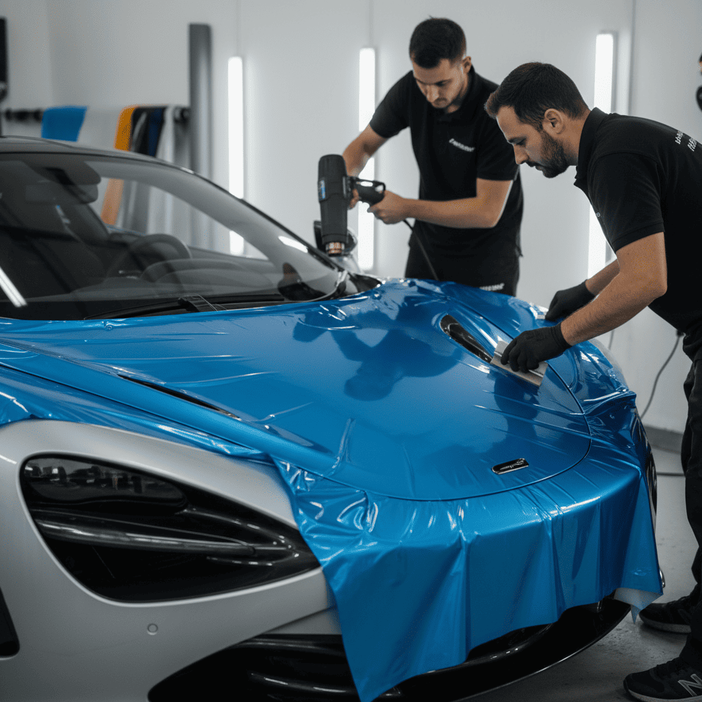 An installer working with premium color change vinyl on a car's complex bumper