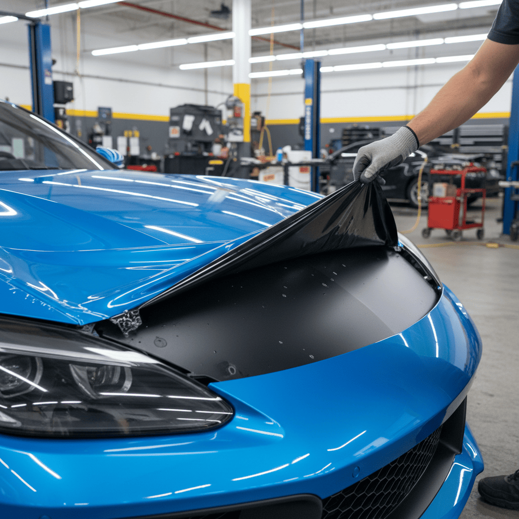 A vinyl wrap being cleanly peeled off a car, revealing pristine original paint underneath