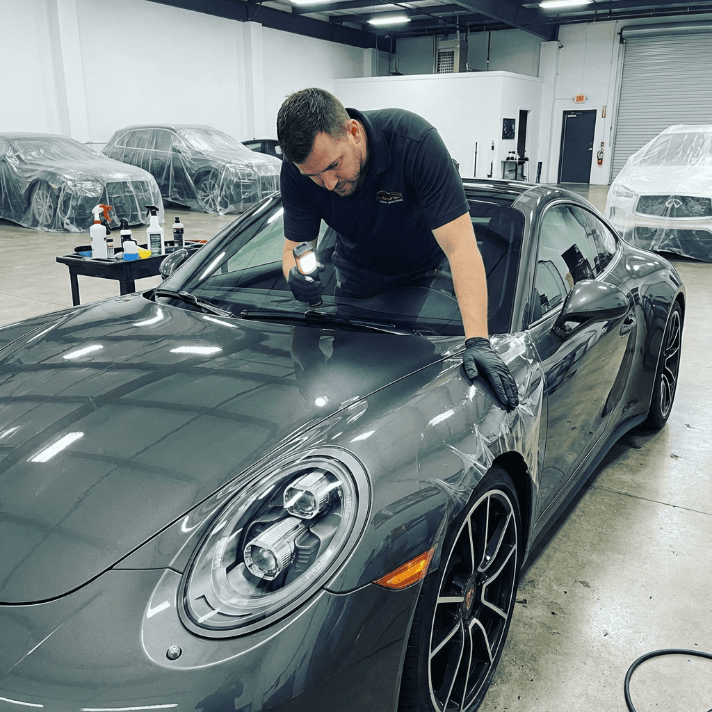 Man inspecting a gray car with a flashlight.