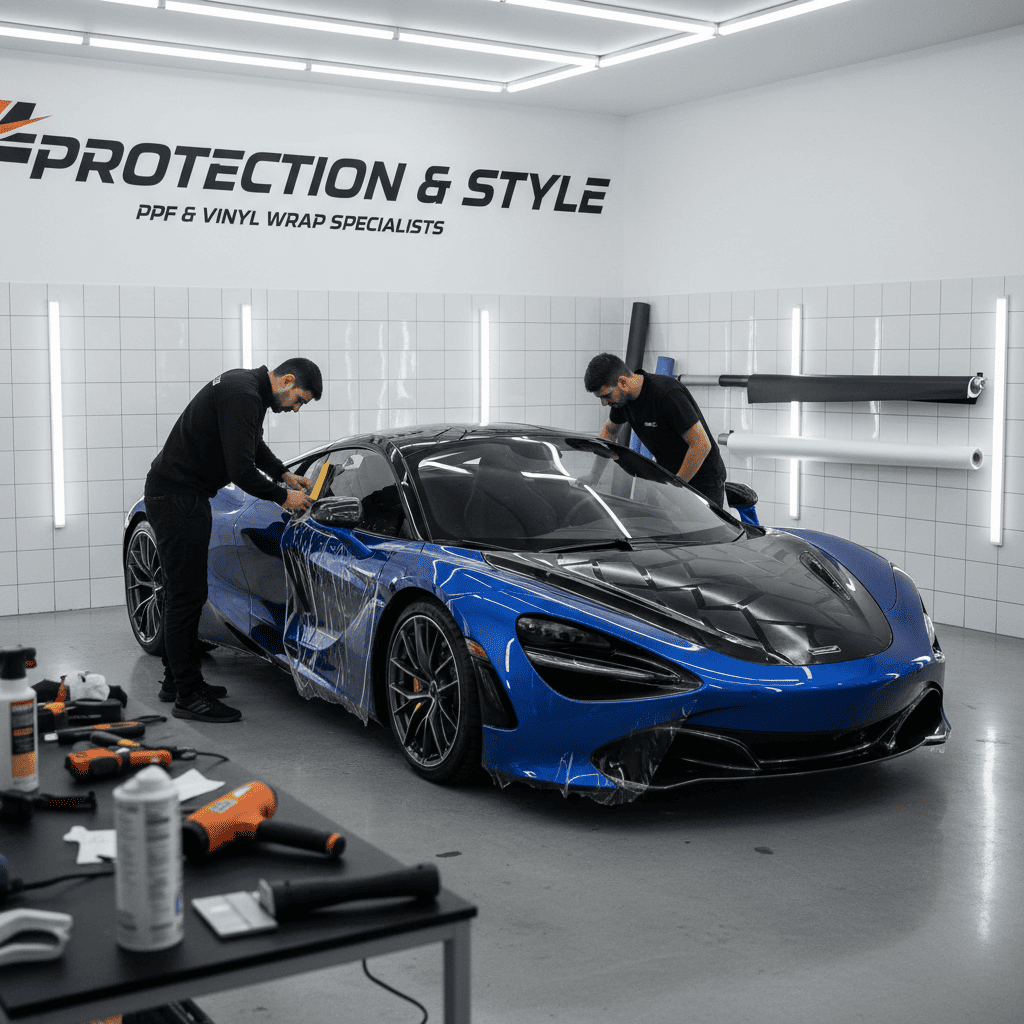 Workers applying vinyl wrap to a blue sports car.