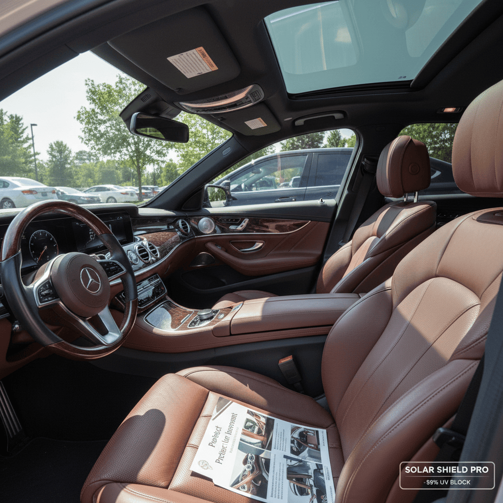 A split-screen comparison showing a sun-damaged, faded car interior versus a pristine, protected interior