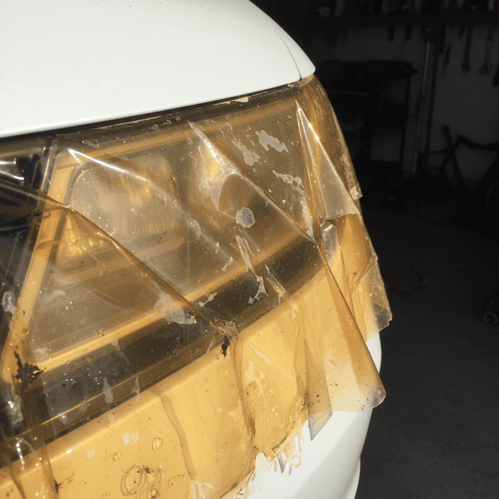 An image showing a badly yellowed and peeling PPF on a white car, highlighting poor long-term quality