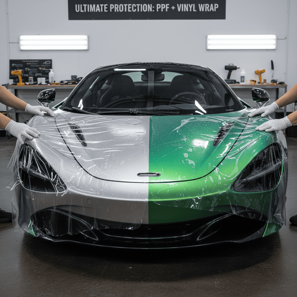 An installer applying a clear layer of PPF over a newly installed matte black [vinyl wrap](https://www.vinylfrog.com/blogs/car-wrap-tips/pros-and-cons-of-wrapping-a-car?srsltid=AfmBOoqrZTSS1B1FfQ1RMBRJqGm-AhlfvMnvdiSHde_Ug0jKVCZaP8ML)[^5] on a car's front bumper