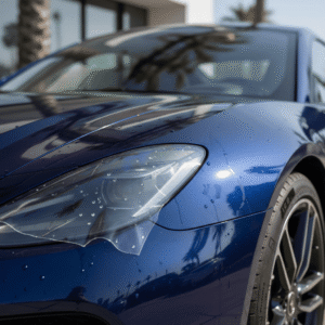 Close-up of a blue car with droplets.