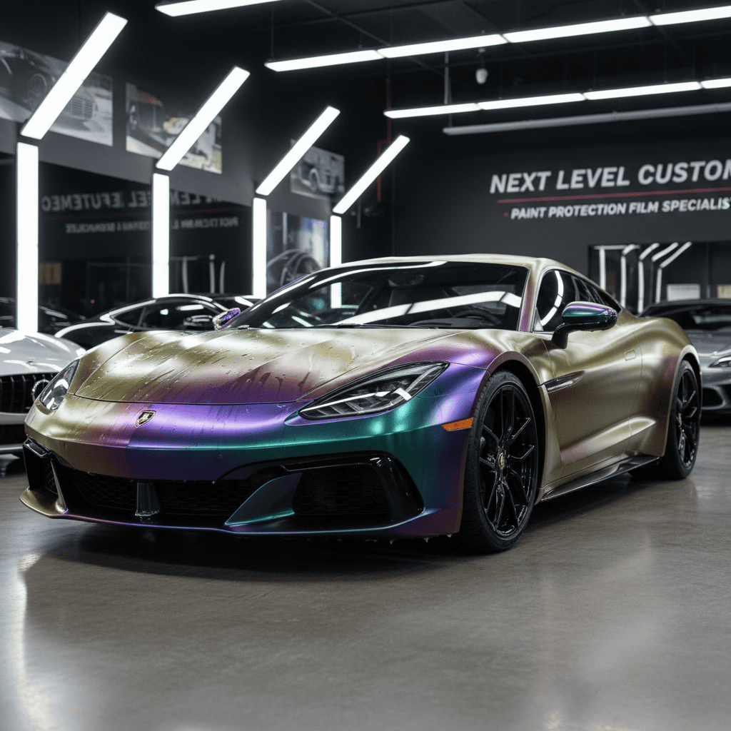 Colorful sports car displayed in a sleek garage.
