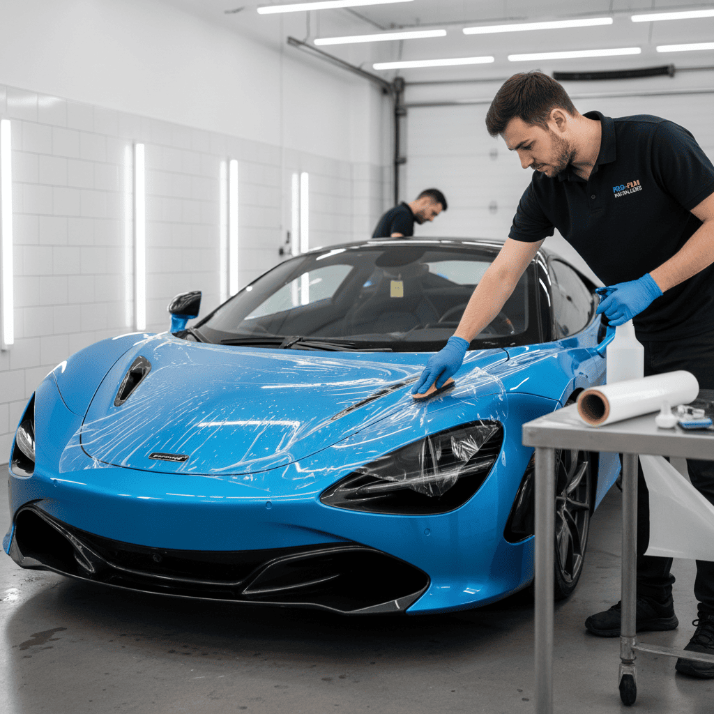 An installer easily stretching a sheet of TPU film around a car's complex side mirror without using a lot of heat