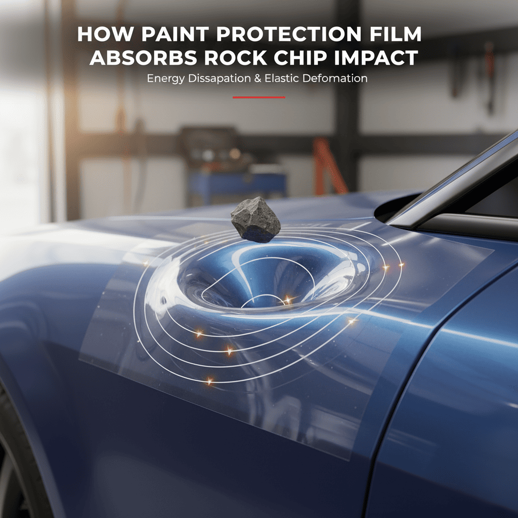 A diagram showing a rock impacting a thick PPF layer, with the energy dissipating before it reaches the car's paint