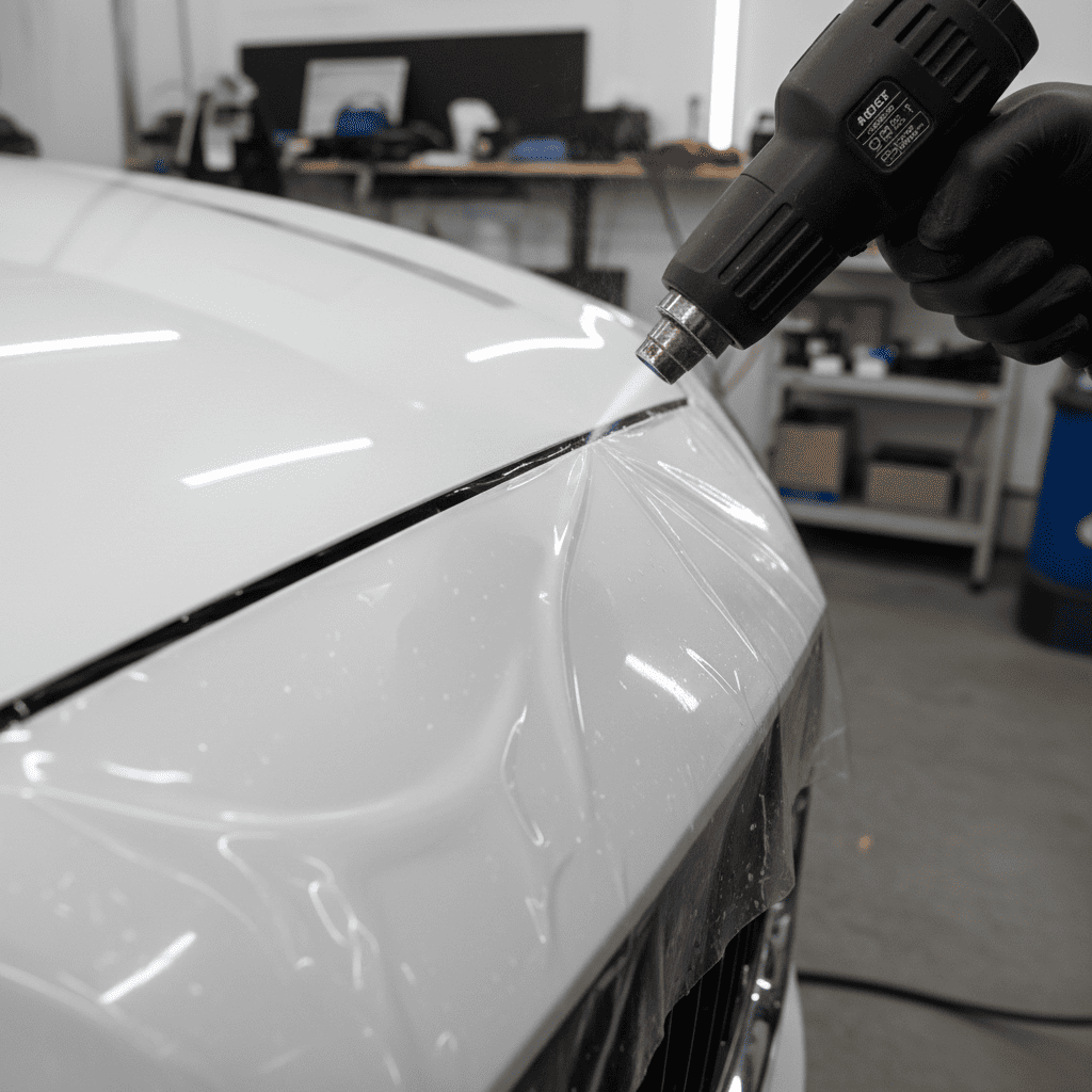 A close-up of a professional installer using a heat gun to carefully seal the edge of a PPF application