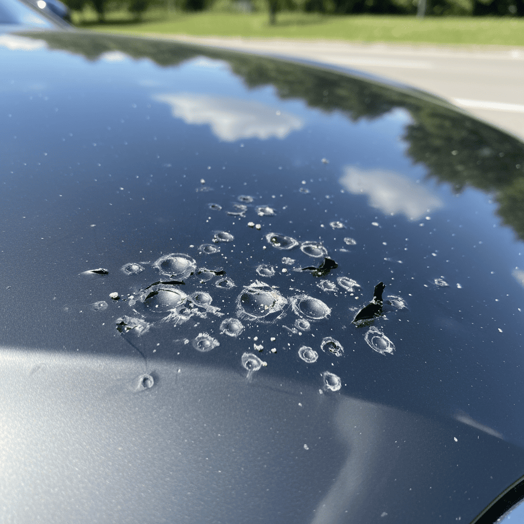 A close-up of a colored [vinyl wrap](https://en.wikipedia.org/wiki/Vehicle_vinyl_wrap)[^1] with a small tear and a paint chip visible underneath from a rock impact