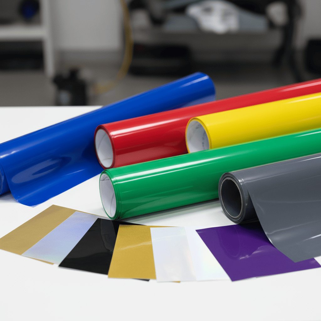 Rolls of Colored PPF in various finishes like gloss, matte, and carbon fiber, showing their thickness