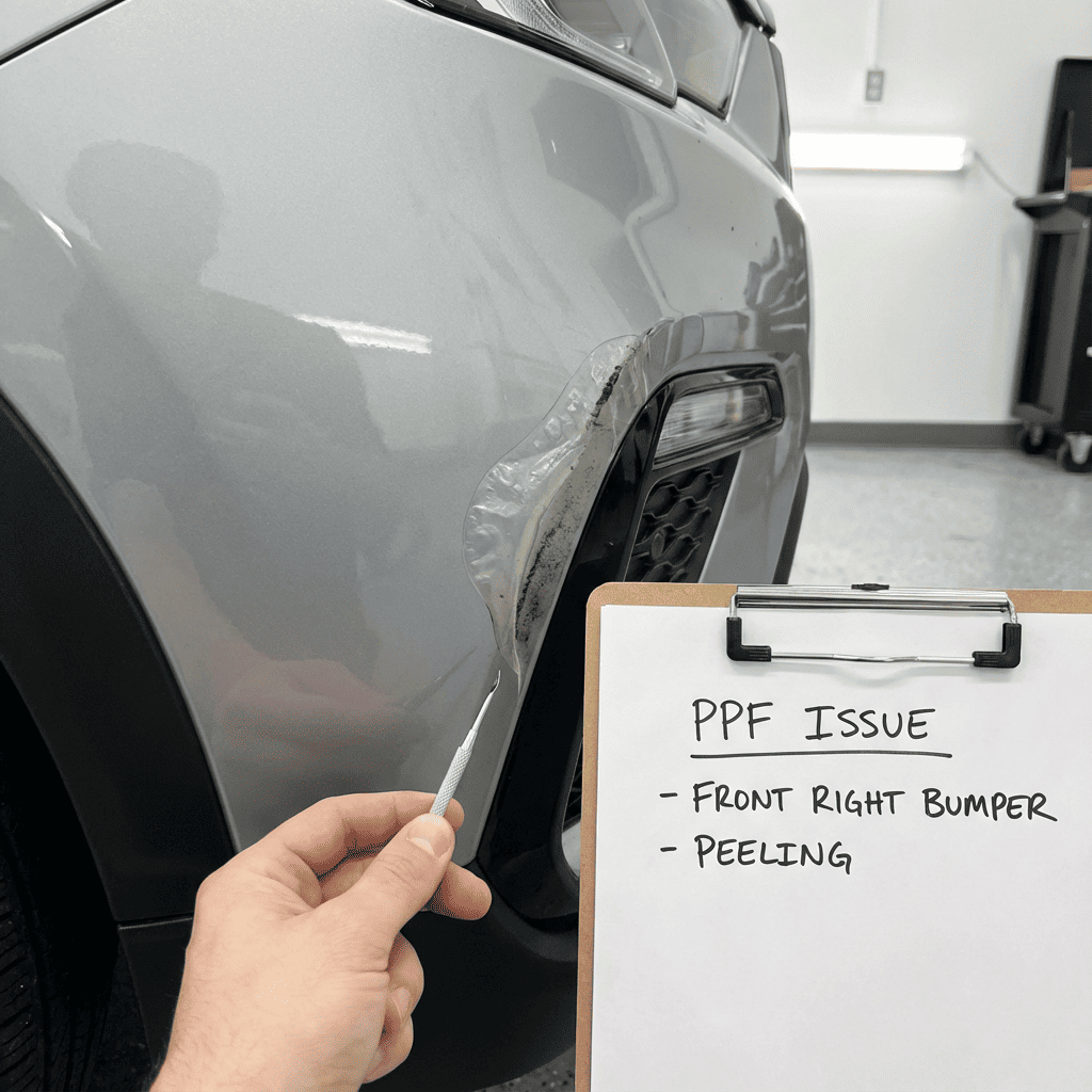 A clear photo being taken with a smartphone of a small lifting edge on a car wrap, documenting the issue for the installer