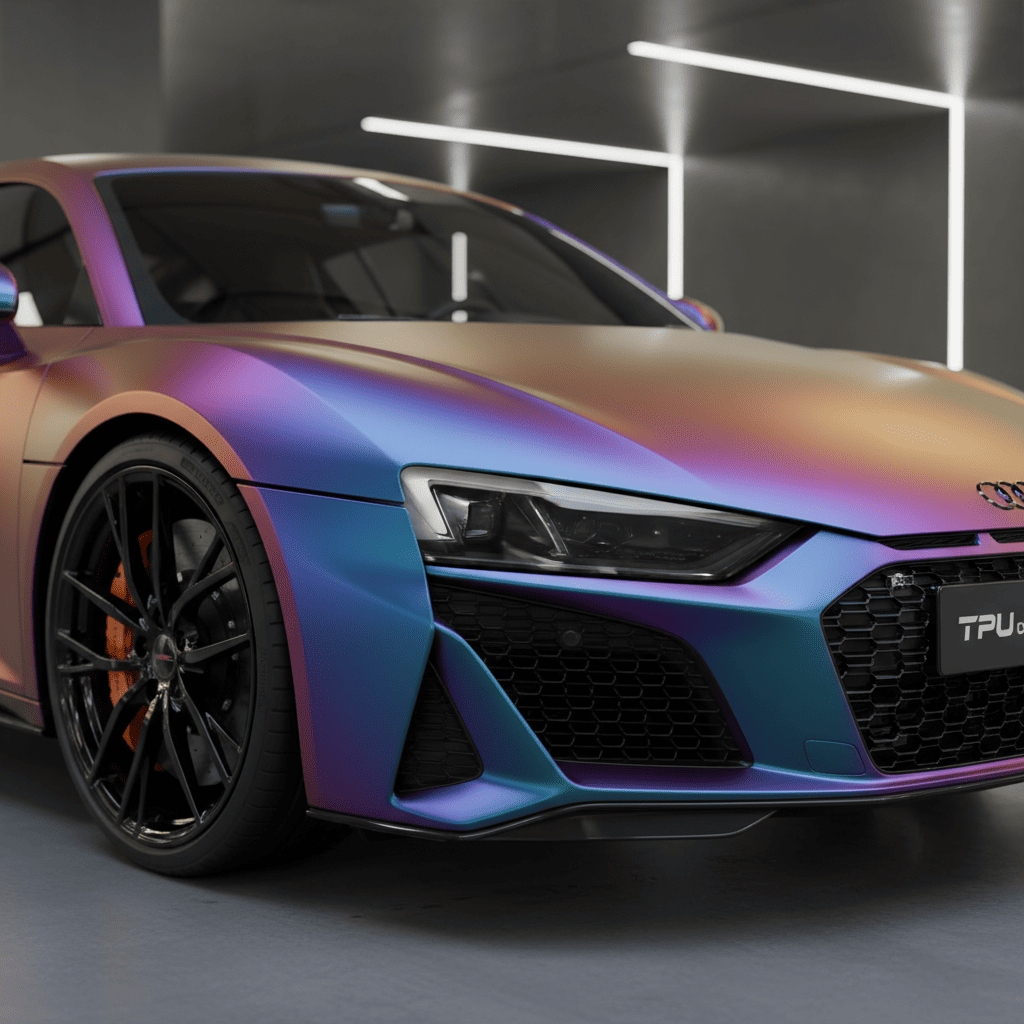 Colorful Audi R8 sports car in modern setting.